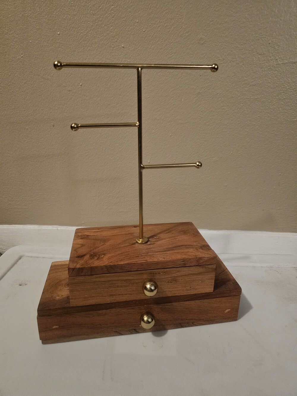 Wooden Jewelry Stand Display - Natural Wood Craft Blocks and Metal Tiered T-Bar